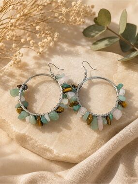 paparazzi Multi-Stone Hoop Earrings in Green, White & Brown